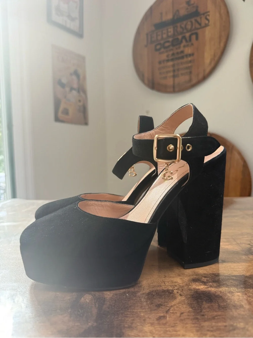Black Suede Platform Mary Jane Heels with Gold Buckle